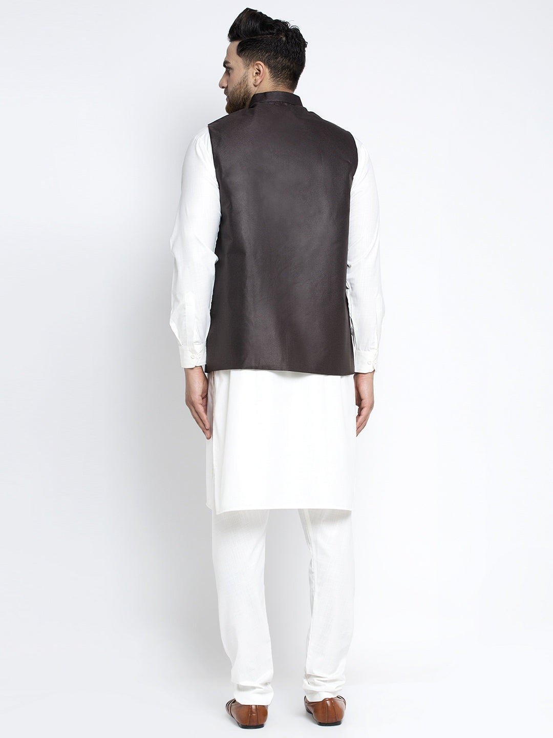 Jompers Men's Solid White Cotton Kurta Payjama with Solid Coffee Waistcoat