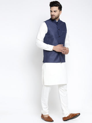 Jompers Men's Solid White Cotton Kurta Payjama with Solid Navy Waistcoat