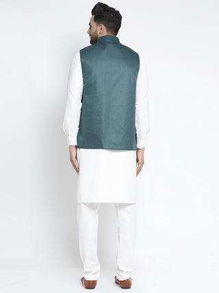 Jompers Men's Solid White Cotton Kurta Payjama with Solid Teal Waistcoat