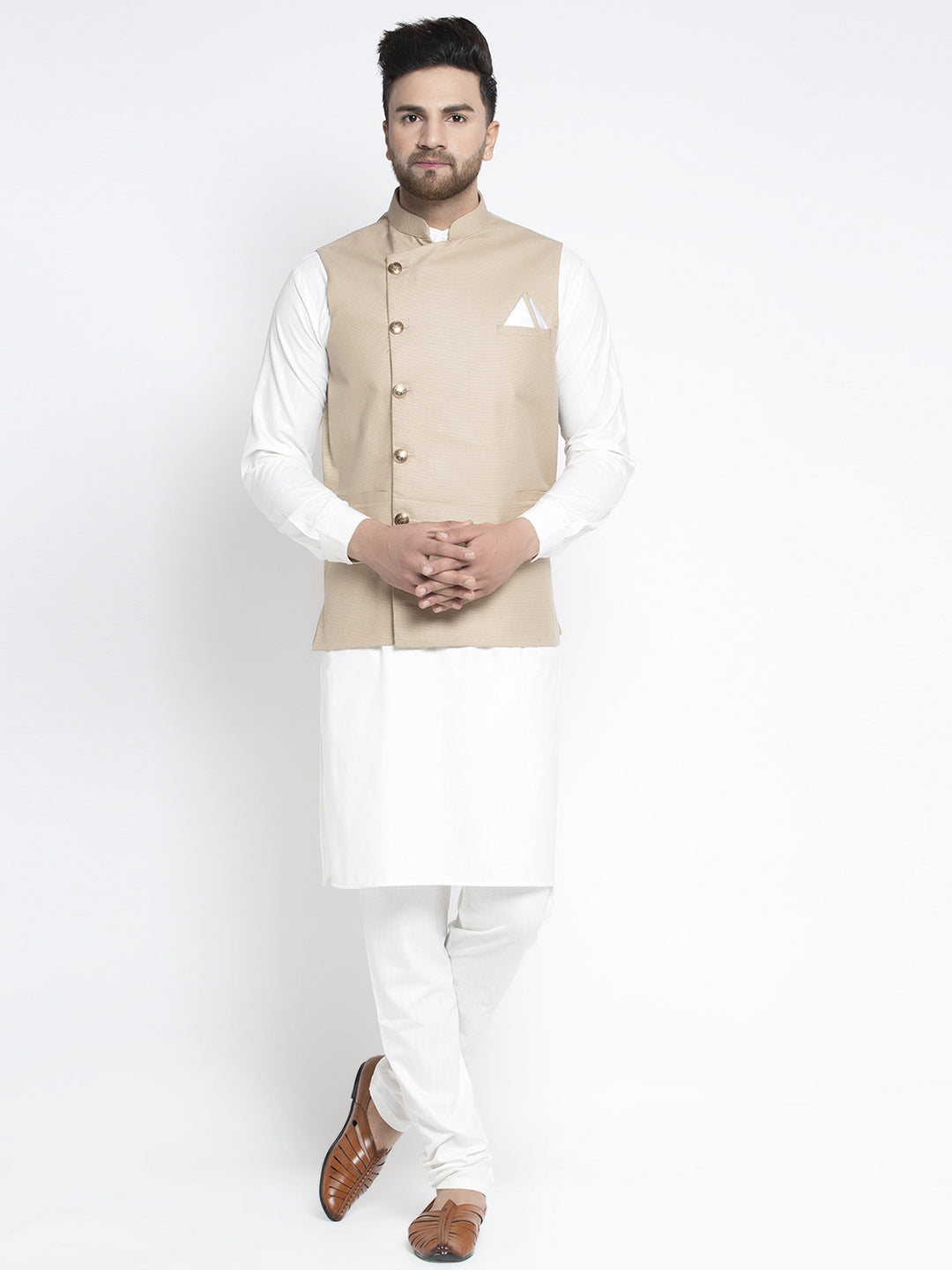 Jompers Men's Solid White Cotton Kurta Payjama with Geometric Waistcoat