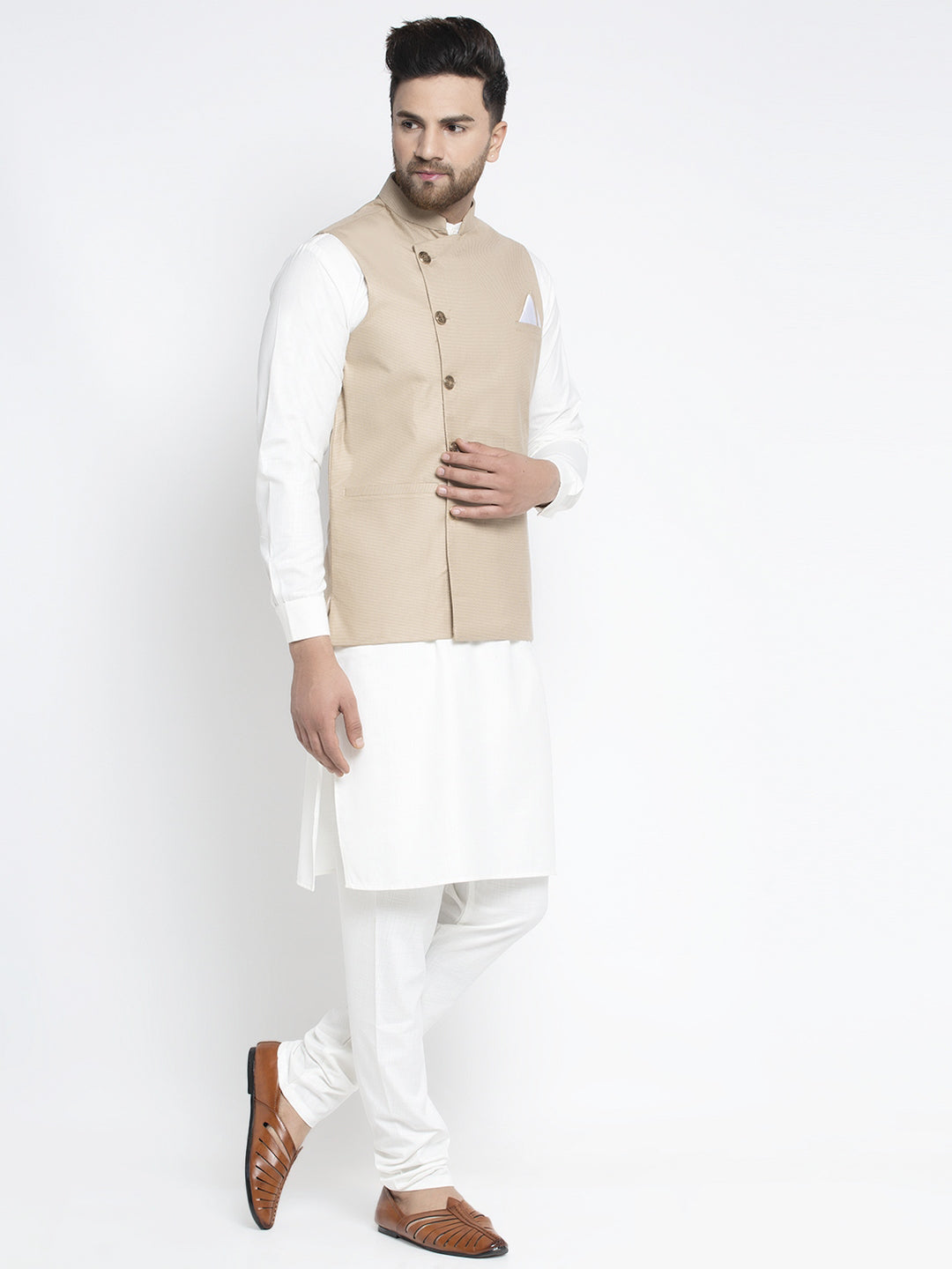Jompers Men's Solid White Cotton Kurta Payjama with Geometric Waistcoat