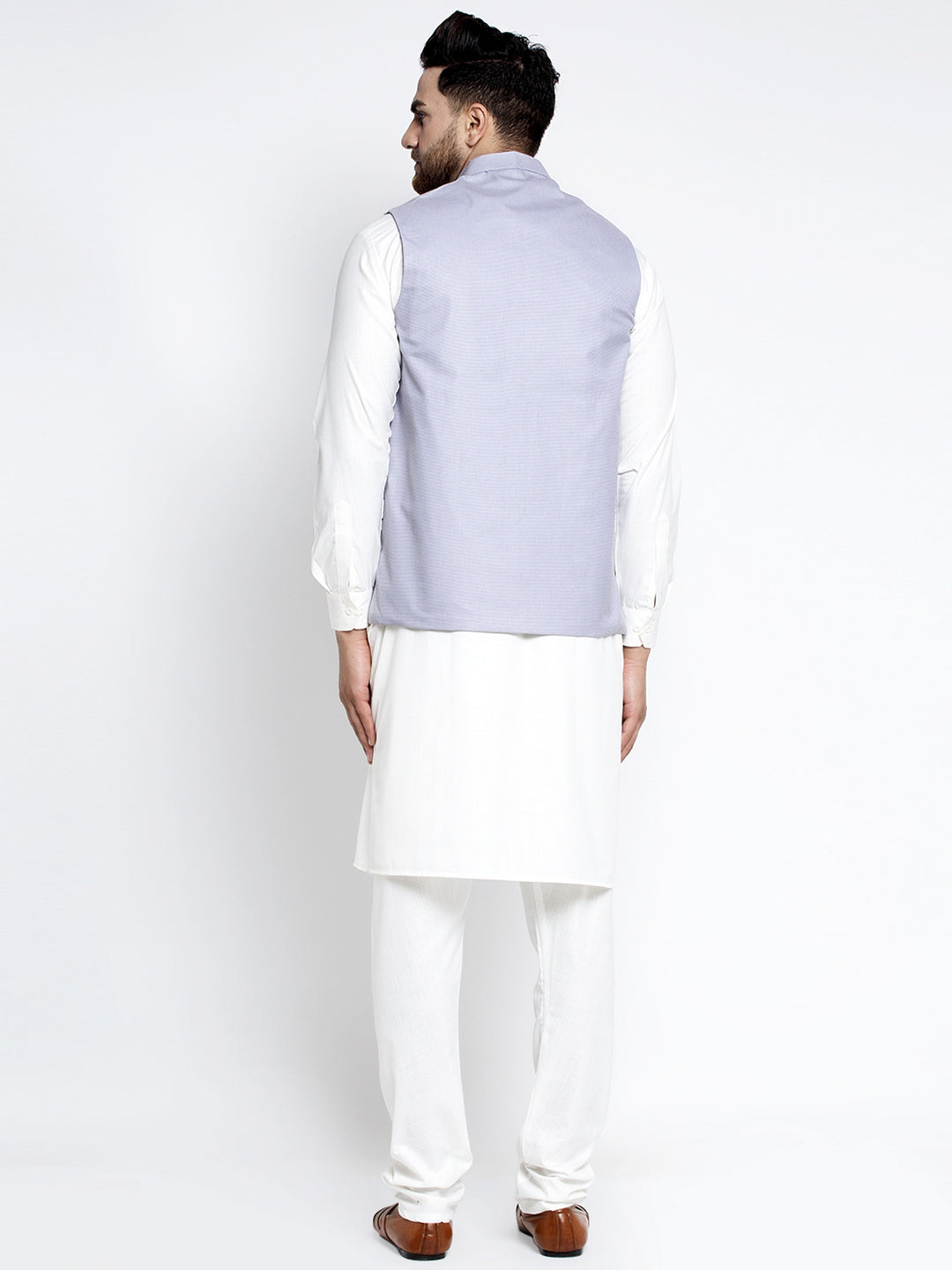 Jompers Men's Solid White Cotton Kurta Payjama with Geometric Waistcoat