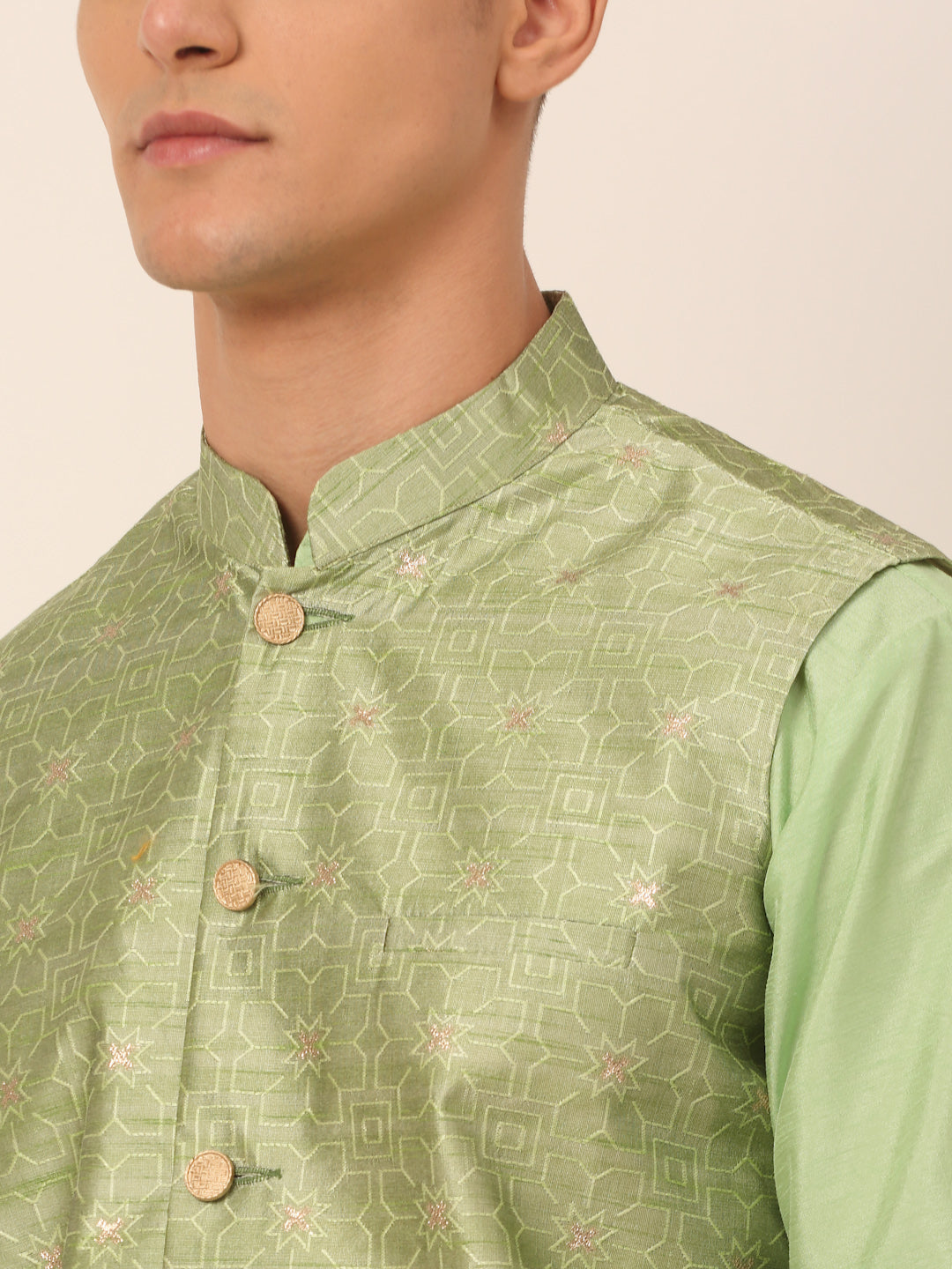 Men's Woven Design Nehru Jacket and Kurta Pyjama Set