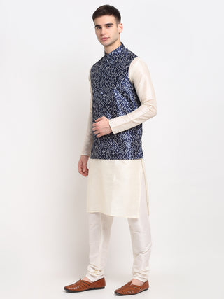 Jompers Men's Off-white Dupion Silk Kurta with Churidar & Nehru Jacket