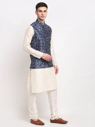 Jompers Men's Off-white Dupion Silk Kurta with Churidar & Nehru Jacket