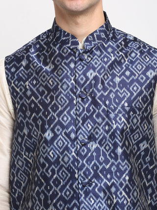 Jompers Men's Off-white Dupion Silk Kurta with Churidar & Nehru Jacket