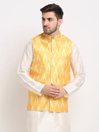 Jompers Men's Mustard Ikat Printed Nehru Jacket