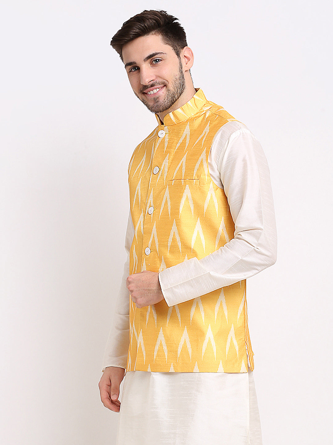 Jompers Men's Mustard Ikat Printed Nehru Jacket