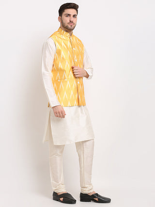 Jompers Men's Mustard Ikat Printed Nehru Jacket