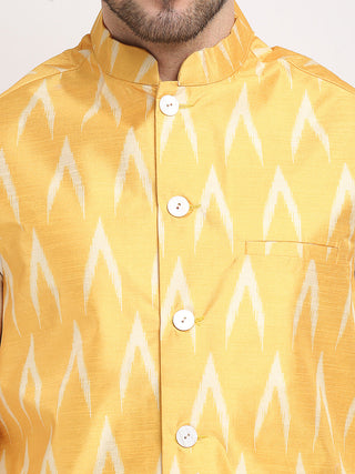 Jompers Men's Mustard Ikat Printed Nehru Jacket