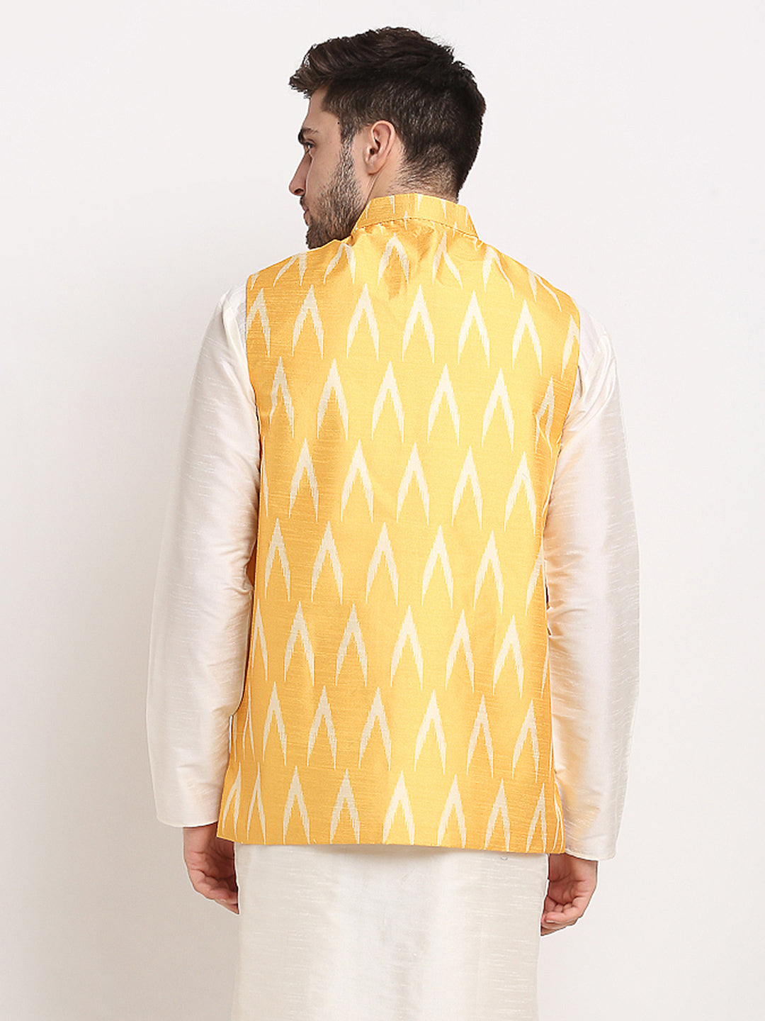 Jompers Men's Mustard Ikat Printed Nehru Jacket