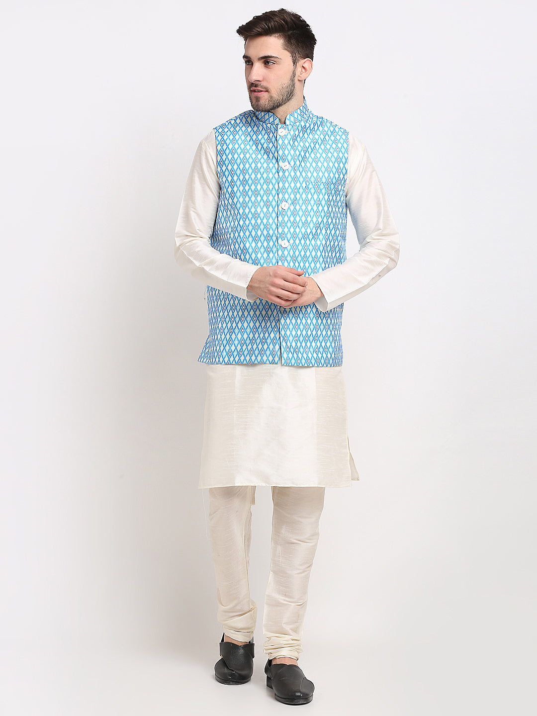 Jompers Men's Ikat Print Nehru Jacket & Kurta Pyjama