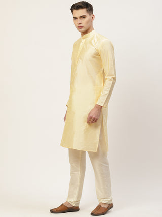 Men's Solid Kurta Pyjama With Floral Mustard Printed Nehru Jacket