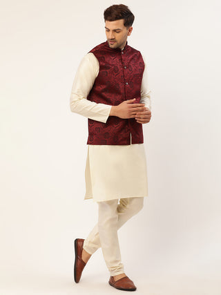 Men's Solid Kurta Pyjama With Maroon Floral Embroidered Nehru Jacket
