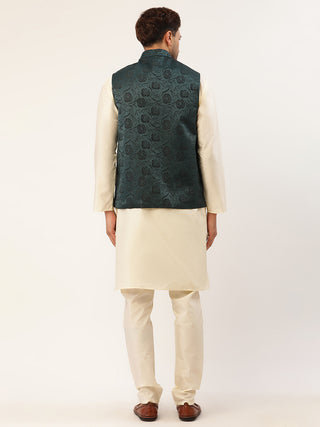 Men's Solid Kurta Pyjama With Teal Floral Embroidered Nehru Jacket