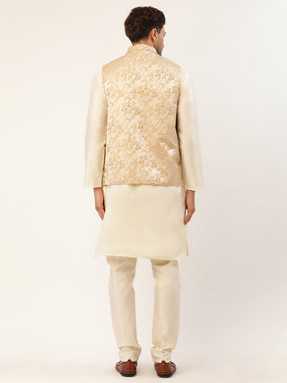 Men's Solid Kurta Pyjama With Beige Floral Embroidered Nehru Jacket