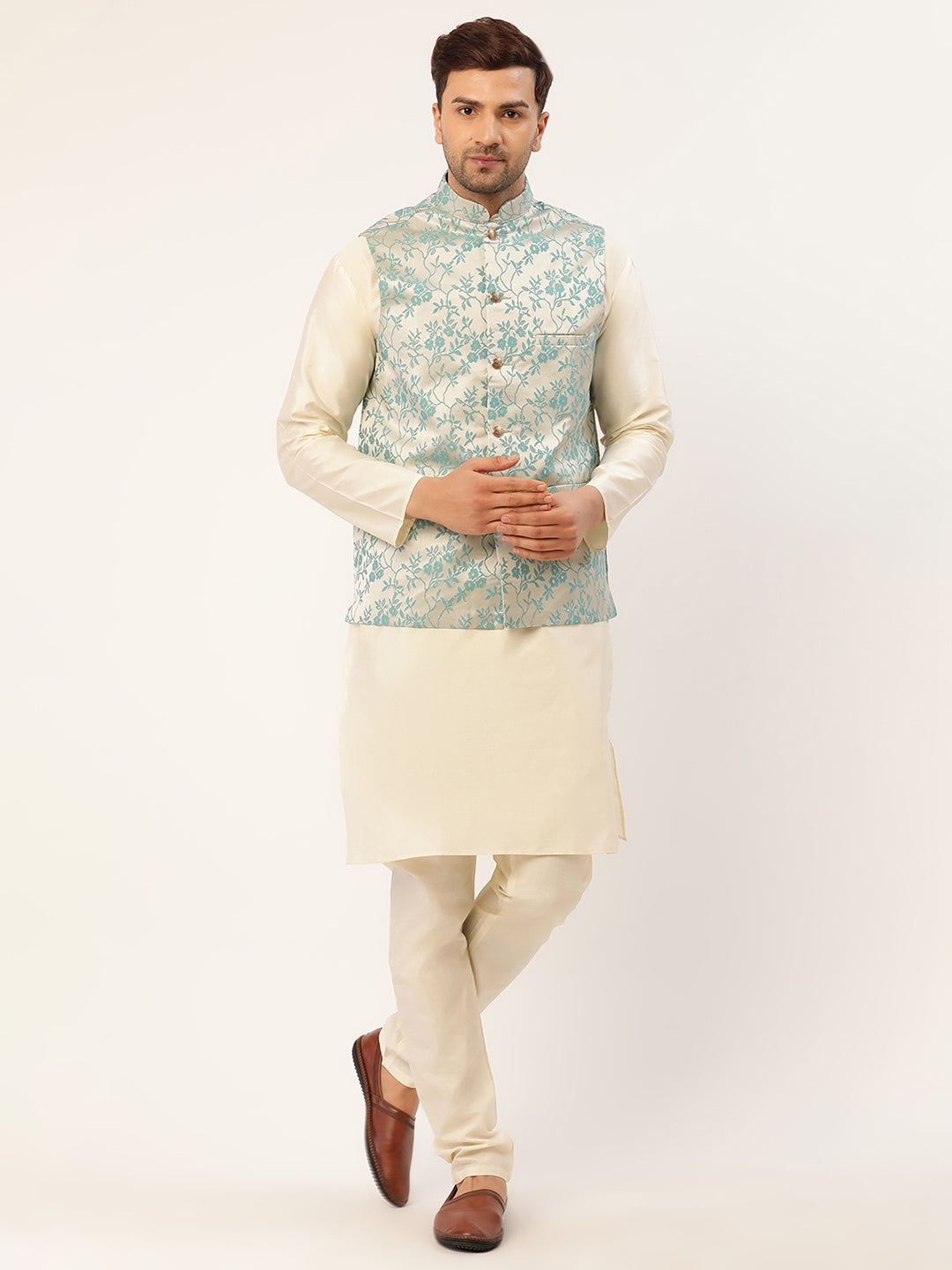 Men's Solid Kurta Pyjama With Blue Floral Embroidered Nehru Jacket