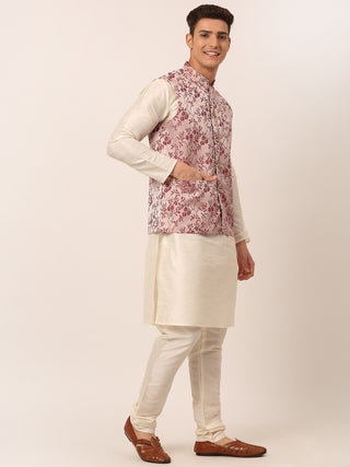 Men's Solid Kurta Pyjama With Maroon Floral Embroidered Nehru Jacket
