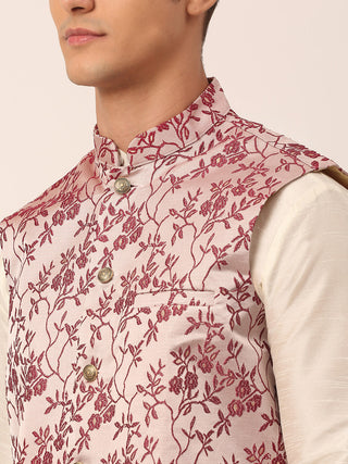 Men's Solid Kurta Pyjama With Maroon Floral Embroidered Nehru Jacket