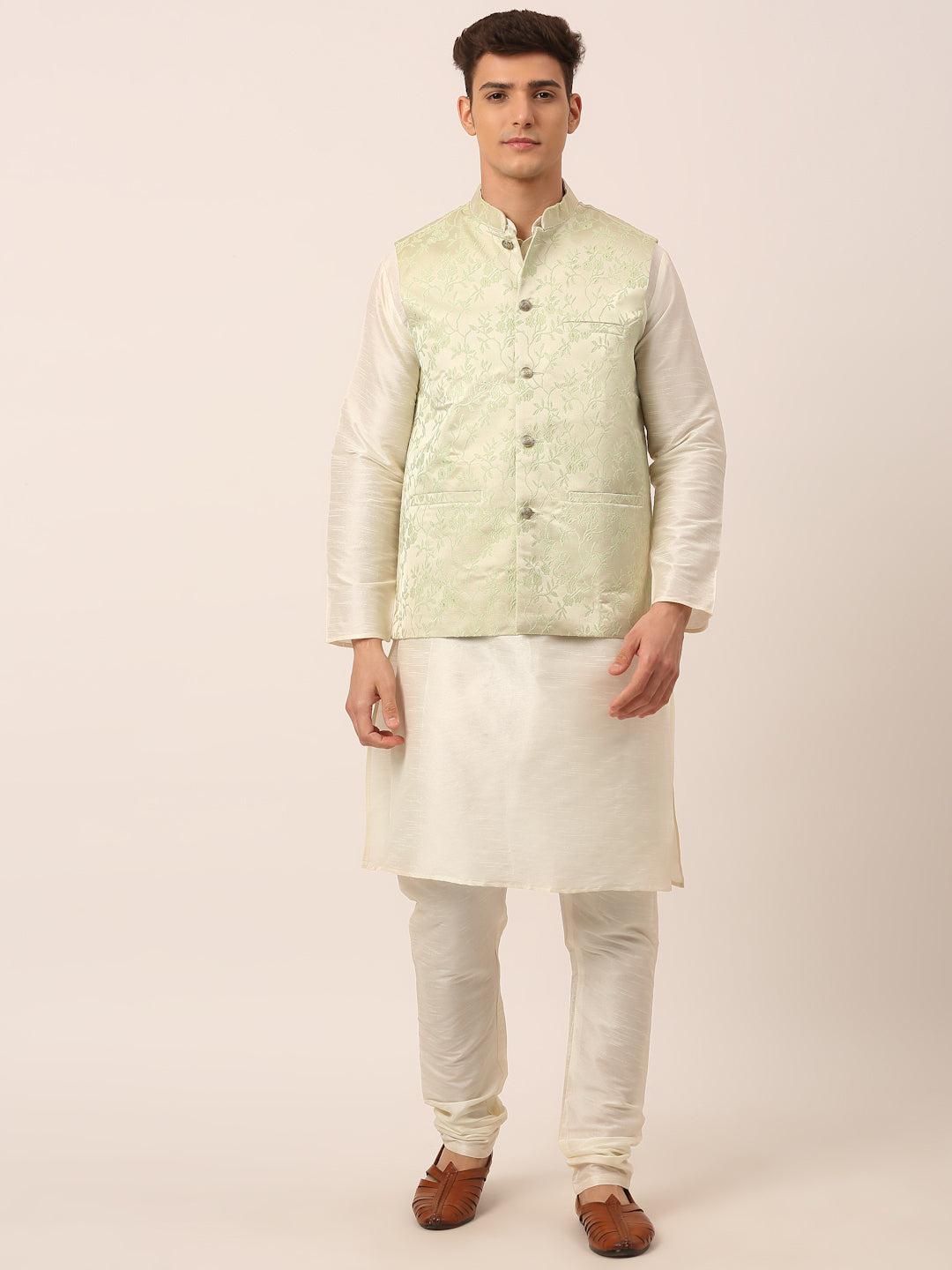 Men's Solid Kurta Pyjama With Pista Green Floral Embroidered Nehru Jacket