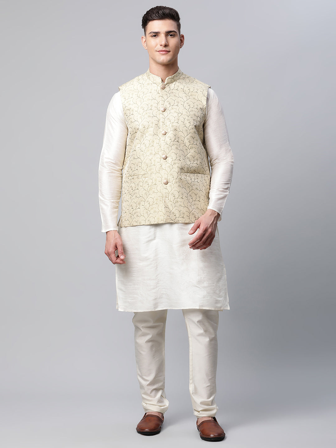 Men Dupion Silk Kurta Pyjama With Beige Printed Nehru Jacket