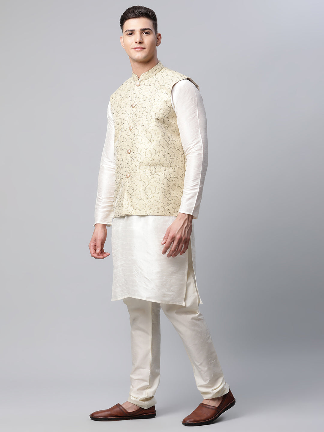 Men Dupion Silk Kurta Pyjama With Beige Printed Nehru Jacket