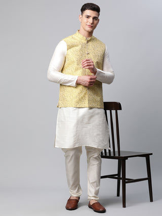 Men Dupion Silk Kurta Pyjama With Lemon Printed Nehru Jacket