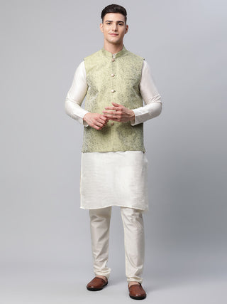 Men Dupion Silk Kurta Pyjama With Pista Green Printed Nehru Jacket