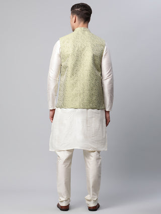 Men Dupion Silk Kurta Pyjama With Pista Green Printed Nehru Jacket