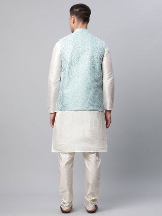 Men Dupion Silk Kurta Pyjama With Sky Blue Printed Nehru Jacket