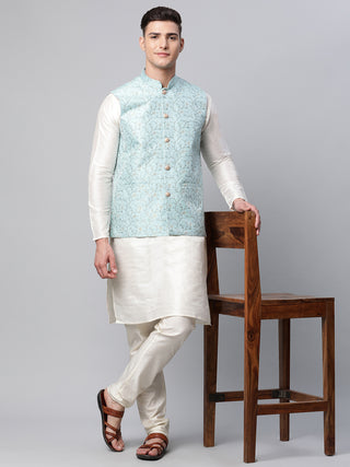 Men Dupion Silk Kurta Pyjama With Sky Blue Printed Nehru Jacket