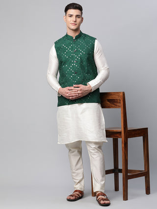Men Dupion Silk Kurta Pyjama With Green Mirror Work Nehru Jacket