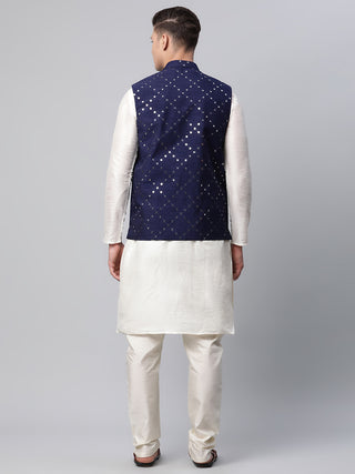 Men Dupion Silk Kurta Pyjama With Navy Mirror Work Nehru Jacket