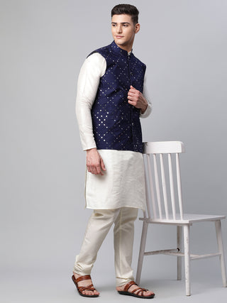 Men Dupion Silk Kurta Pyjama With Navy Mirror Work Nehru Jacket
