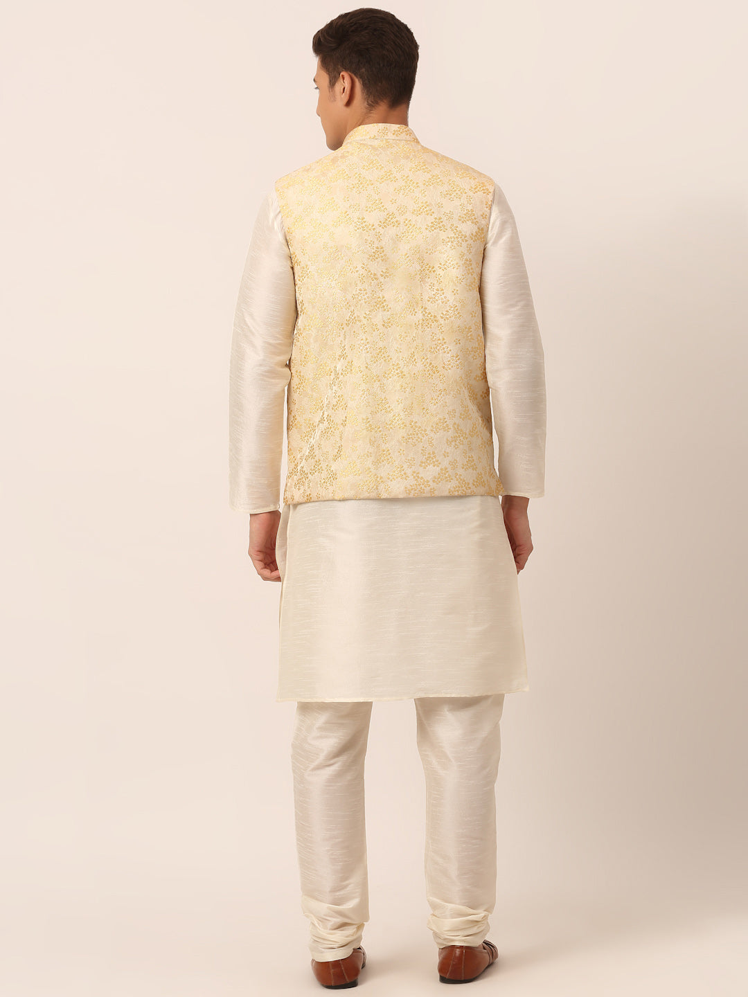 Men's Solid Kurta Pyjama With Golden Floral Embroidered Nehru Jacket