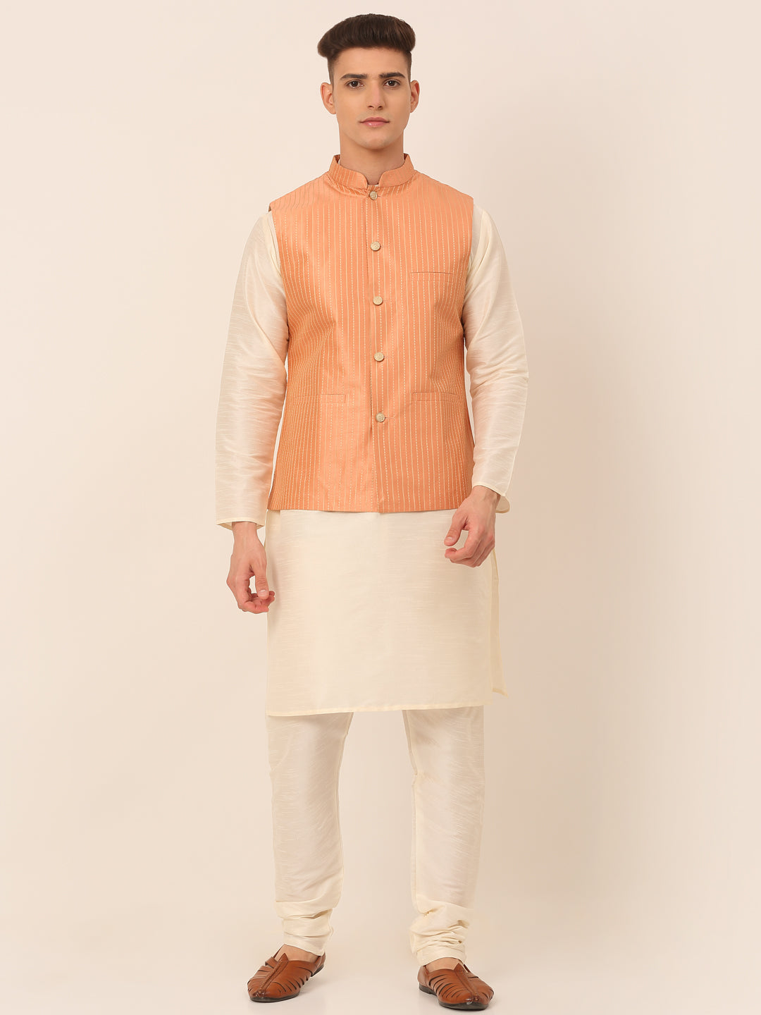 Men's Solid Kurta Pyjama With Striped Embroidered Nehru Jacket