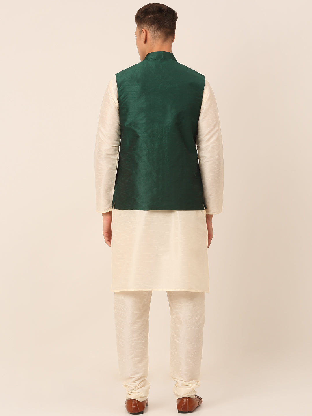 Men's Solid Dupion Silk Kurta Pyjama With Embroidered Nehru Jacket