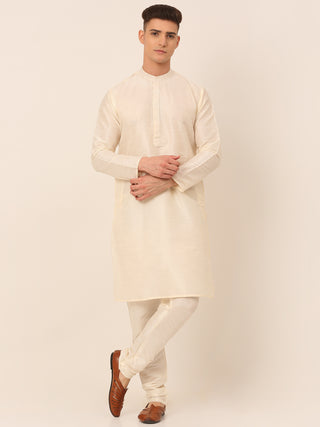 Men's Solid Dupion Silk Kurta Pyjama With Embroidered Nehru Jacket