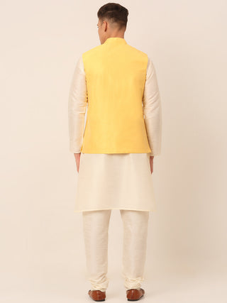 Men's Solid Dupion Silk Kurta Pyjama With Embroidered Nehru Jacket