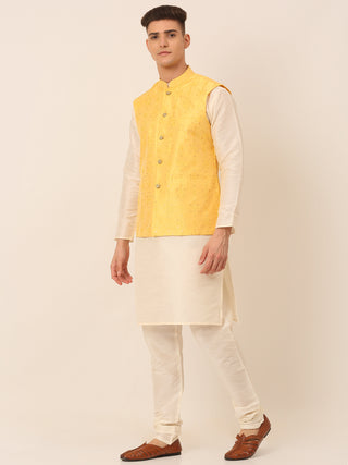 Men's Solid Dupion Silk Kurta Pyjama With Embroidered Nehru Jacket