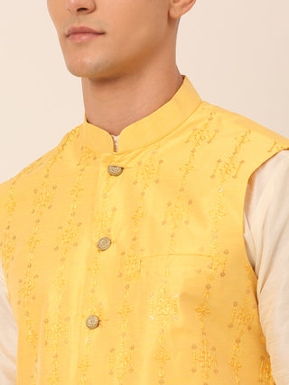 Men's Solid Dupion Silk Kurta Pyjama With Embroidered Nehru Jacket