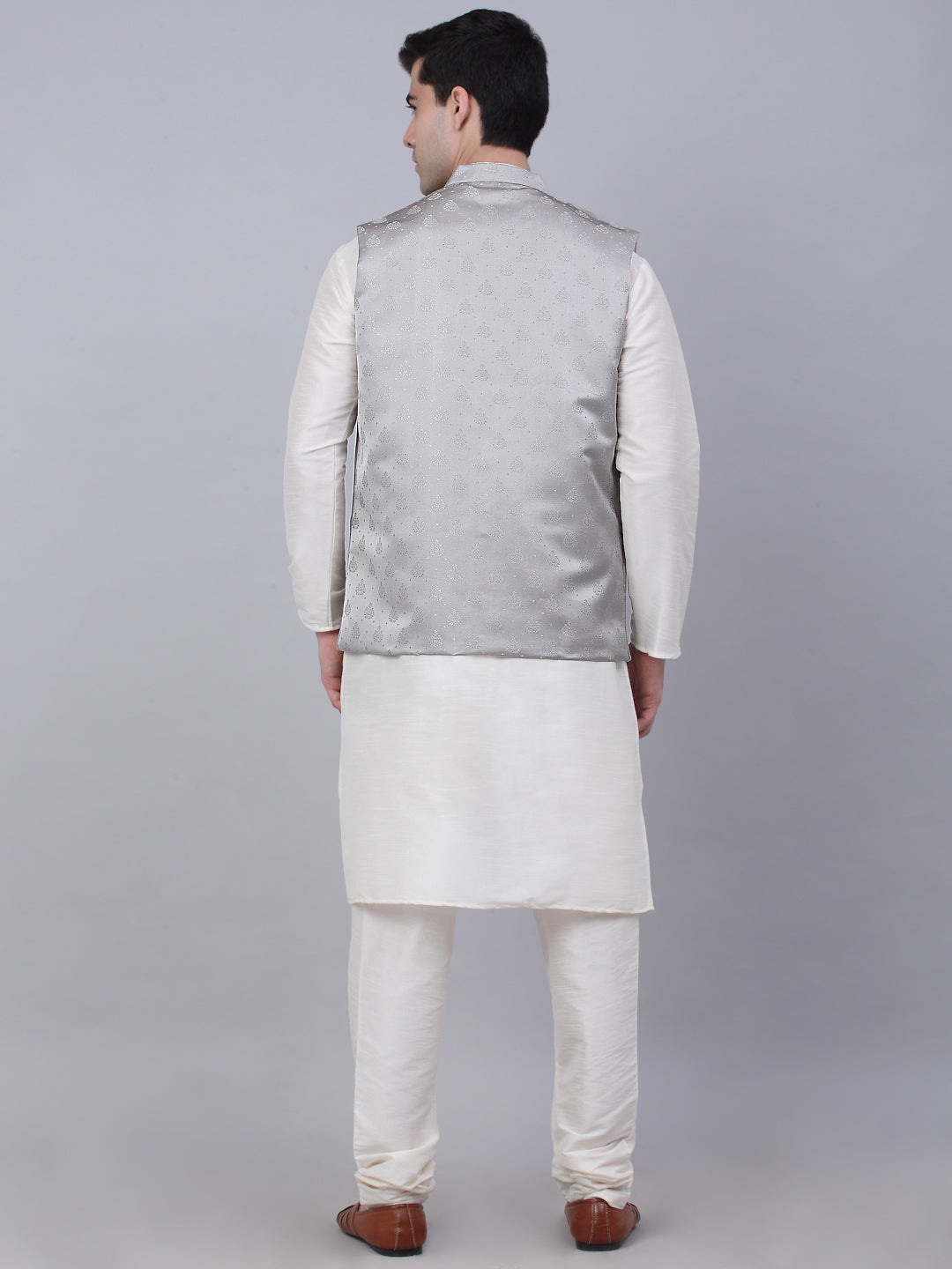 Men's Solid Kurta Pyjama With Woven Design Nehru Jacket