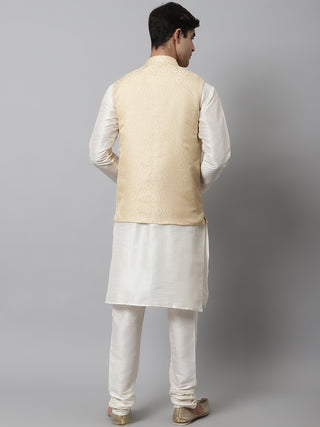 Men Off White Solid Kurta Pyjama with Golden Woven Design Nehru Jacket