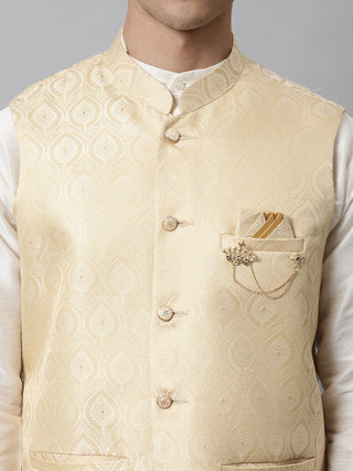 Men Off White Solid Kurta Pyjama with Golden Woven Design Nehru Jacket