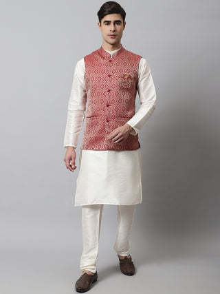 Men Off White Solid Kurta Pyjama with Maroon Woven Design Nehru Jacket