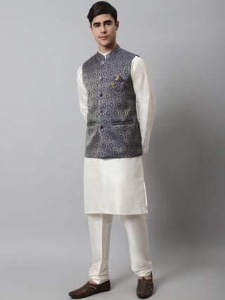 Men Off White Solid Kurta Pyjama with Navy Blue Woven Design Nehru Jacket