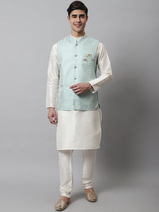 Men Off White Solid Kurta Pyjama with Sky Blue Woven Design Nehru Jacket