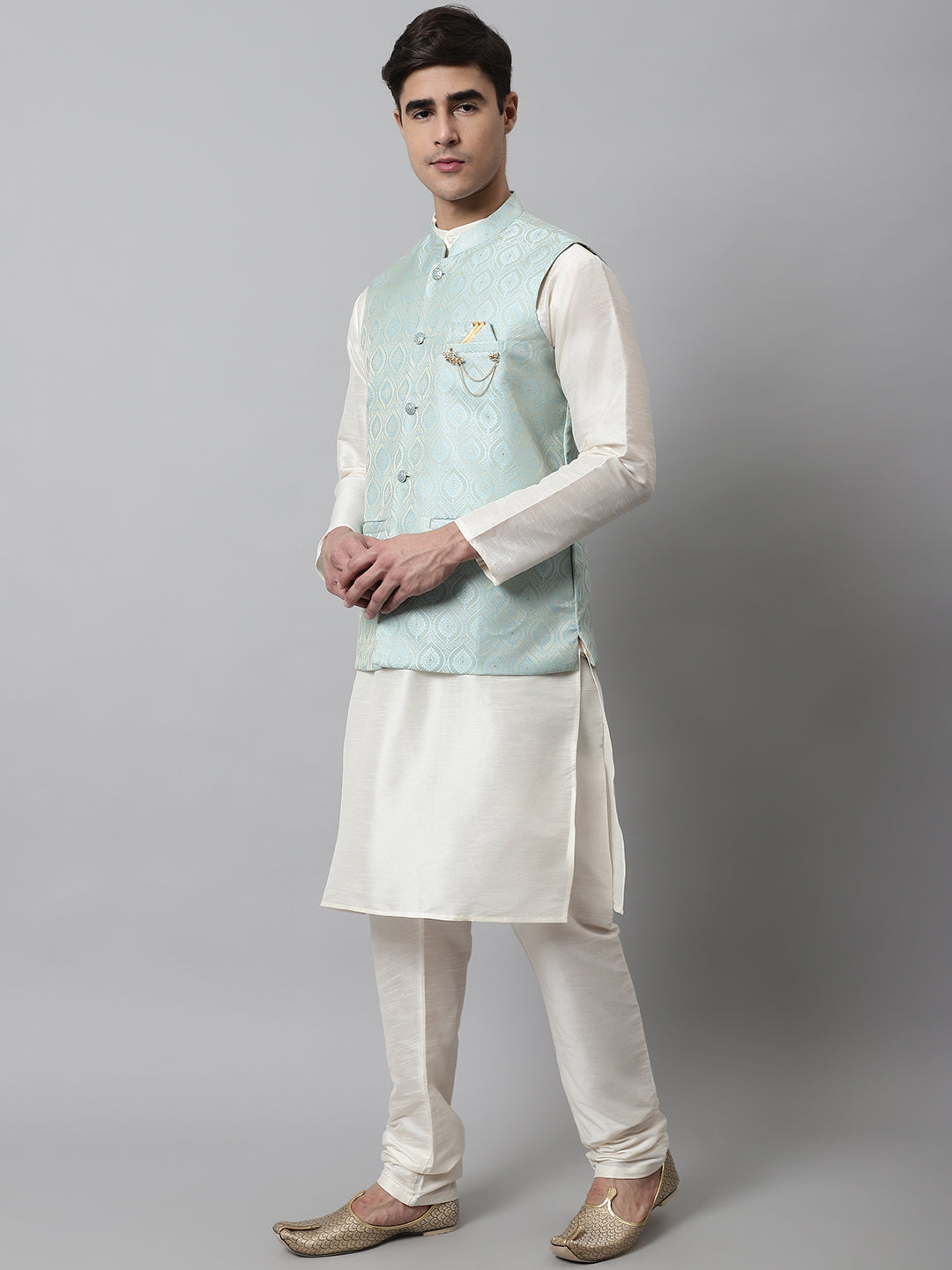 Men Off White Solid Kurta Pyjama with Sky Blue Woven Design Nehru Jacket