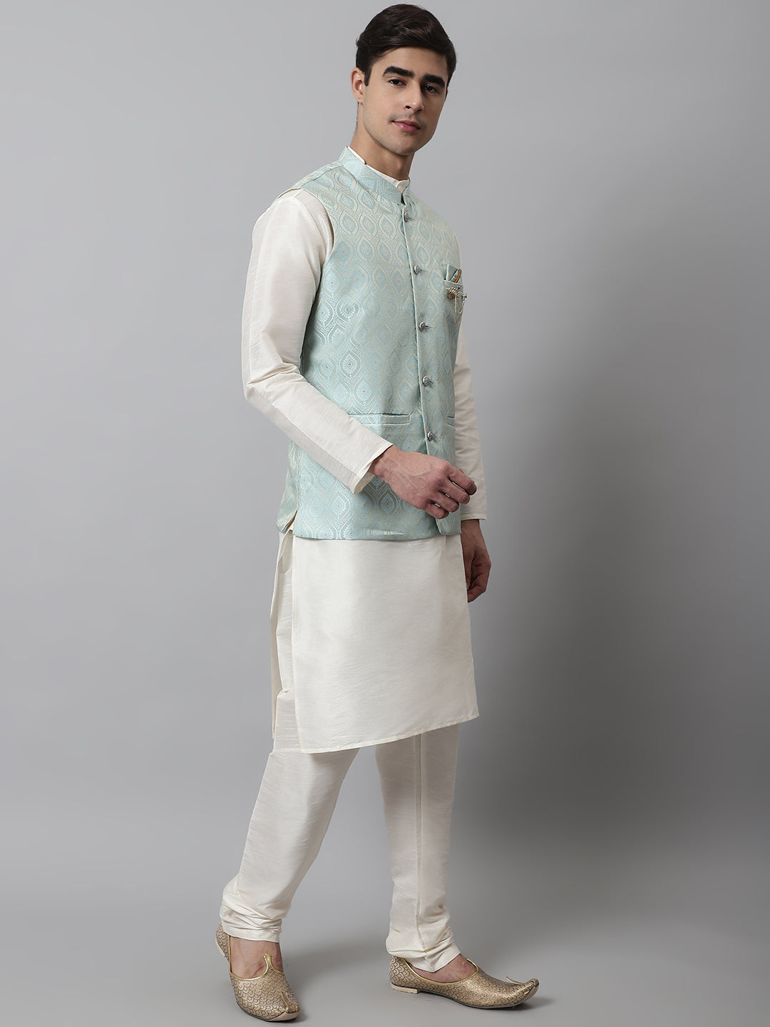Men Off White Solid Kurta Pyjama with Sky Blue Woven Design Nehru Jacket