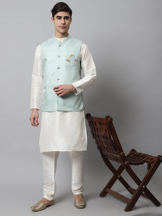 Men Off White Solid Kurta Pyjama with Sky Blue Woven Design Nehru Jacket